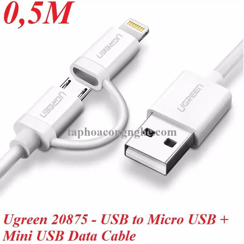 Ugreen 20875 0.5M màu Trắng Cáp sạc đa năng USB sang MicroUSB + Lightning US178 30020875
